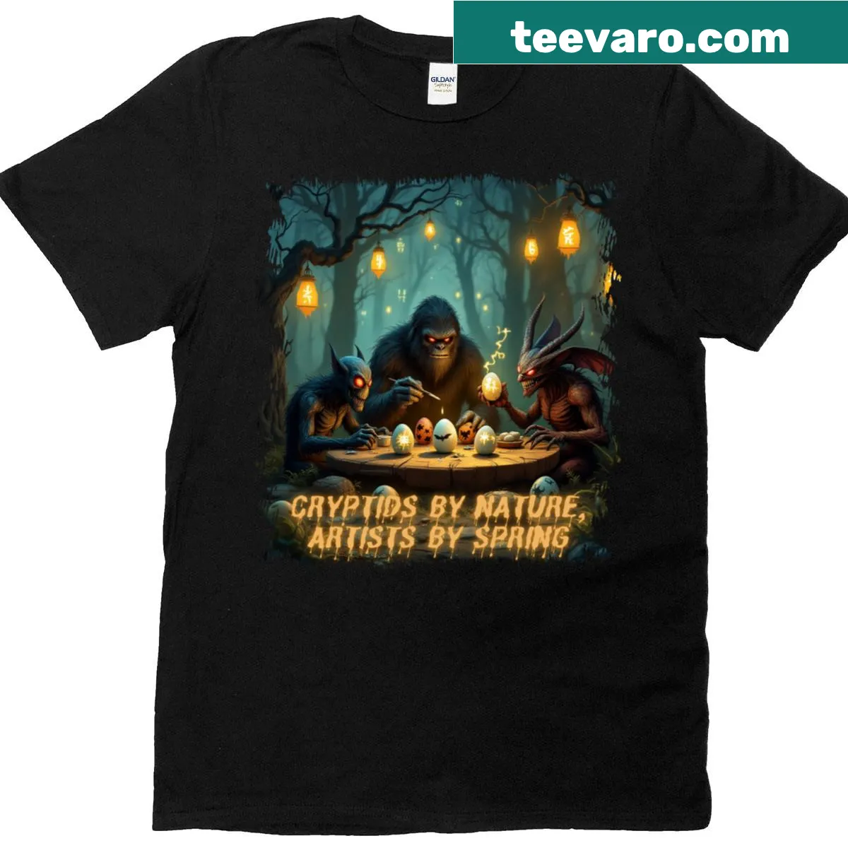 Artistic shirt featuring cryptids painting Easter eggs — on a men's t-shirt