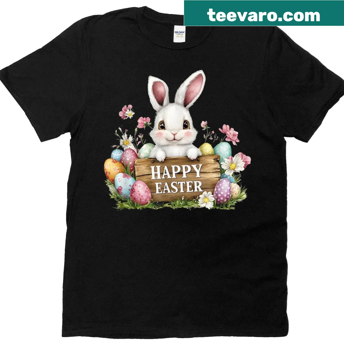 Cute Easter Bunny T-shirt with Happy Easter sign and colorful eggs — on a men's t-shirt