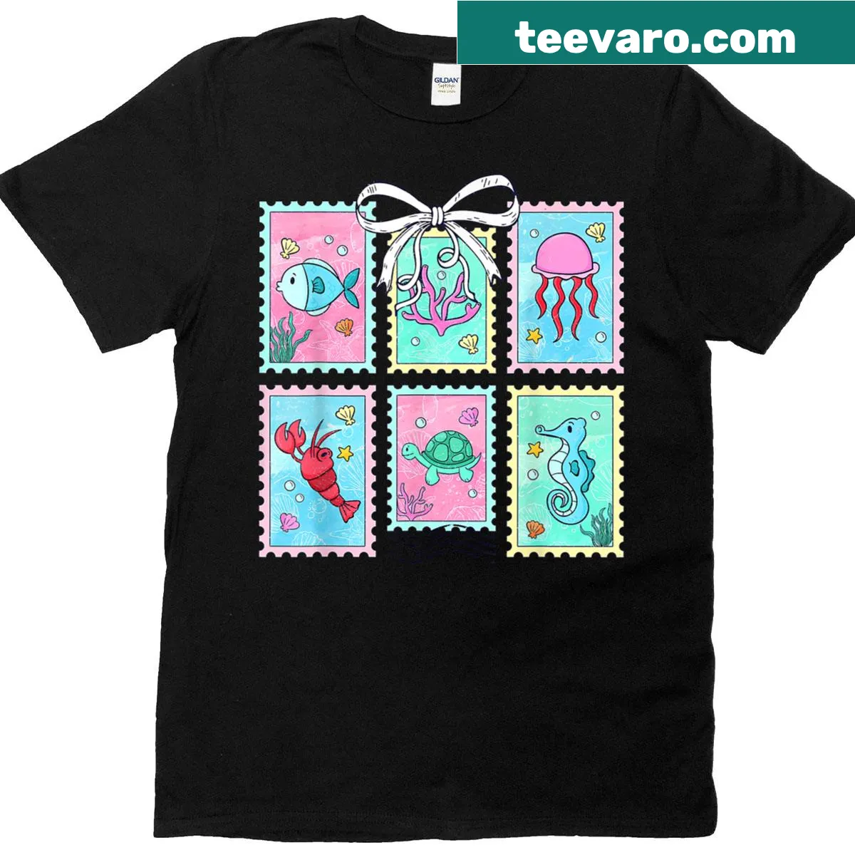 Cute fish with a bow design reminiscent of vintage postage stamps — on a men's t-shirt