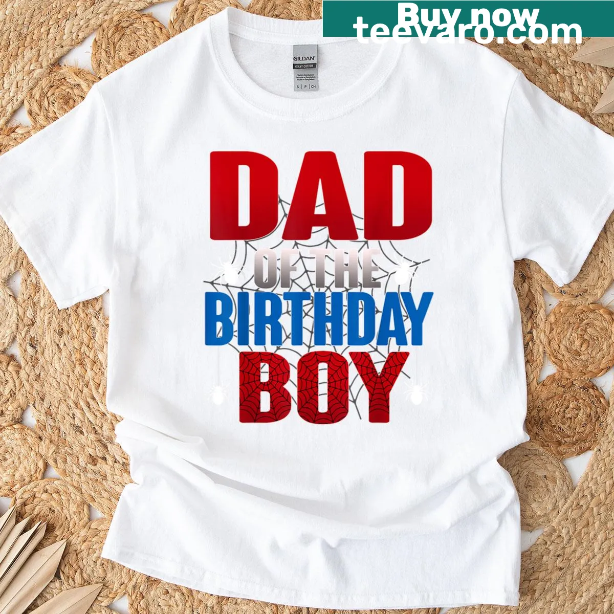 Dad t-shirt with 'Dad Of The Birthday Boy' text and spider illustration — on a men's t-shirt