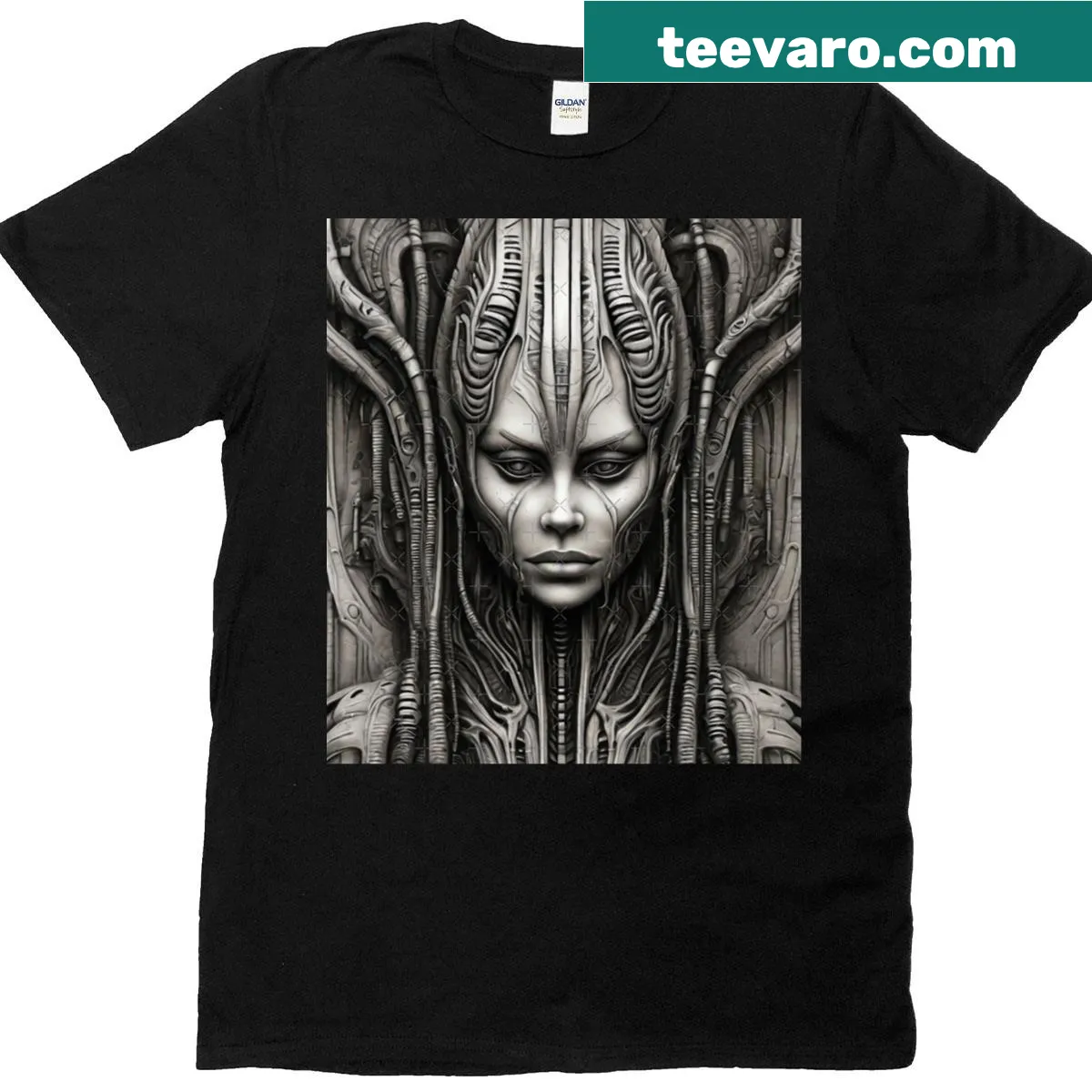 Gothic t-shirt featuring a bio-mechanical witch queen design in dark sci-fi style. — on a men's t-shirt