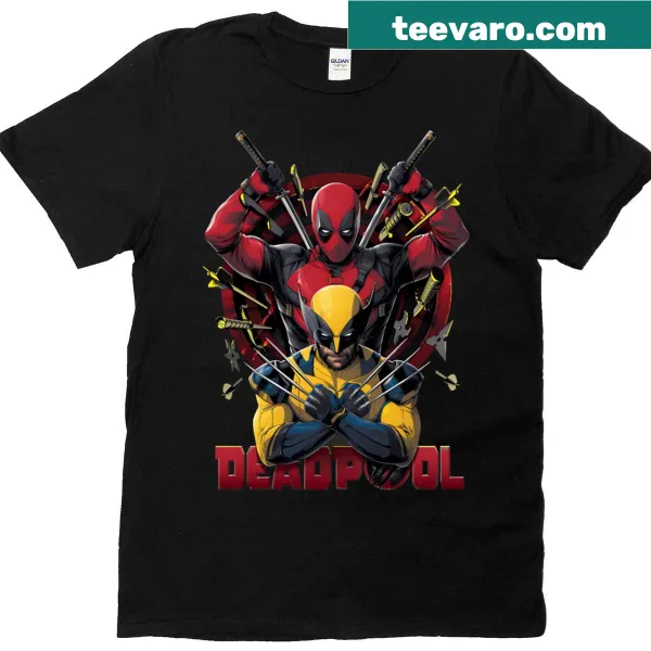 Cartoon-style T-shirt featuring Deadpool and Wolverine characters