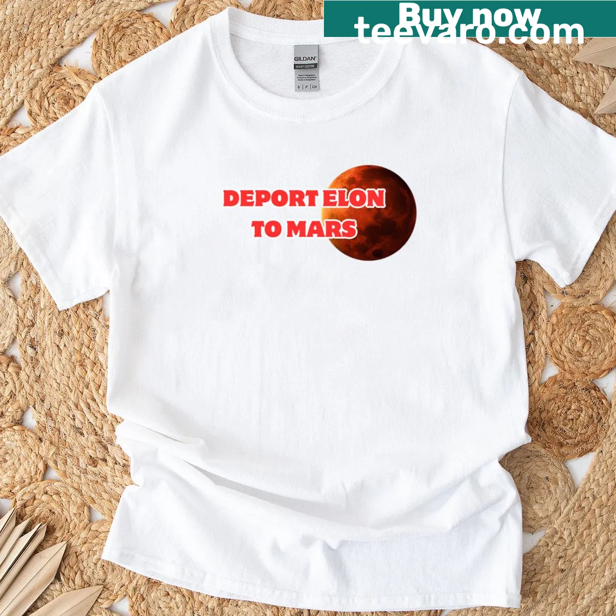 Funny humor t-shirt with the phrase 'Deport Elon To Mars' — on a men's t-shirt