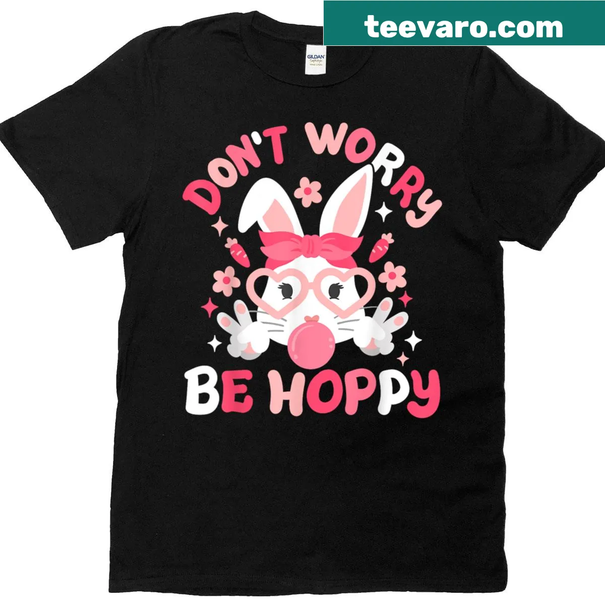 Happy Easter bunny graphic with cheerful text on a T-shirt — on a men's t-shirt