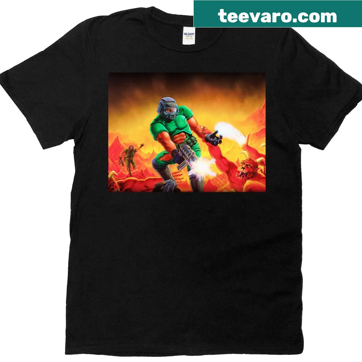 Illustrative Doom Guy T-shirt design showcasing the iconic gaming character — on a men's t-shirt