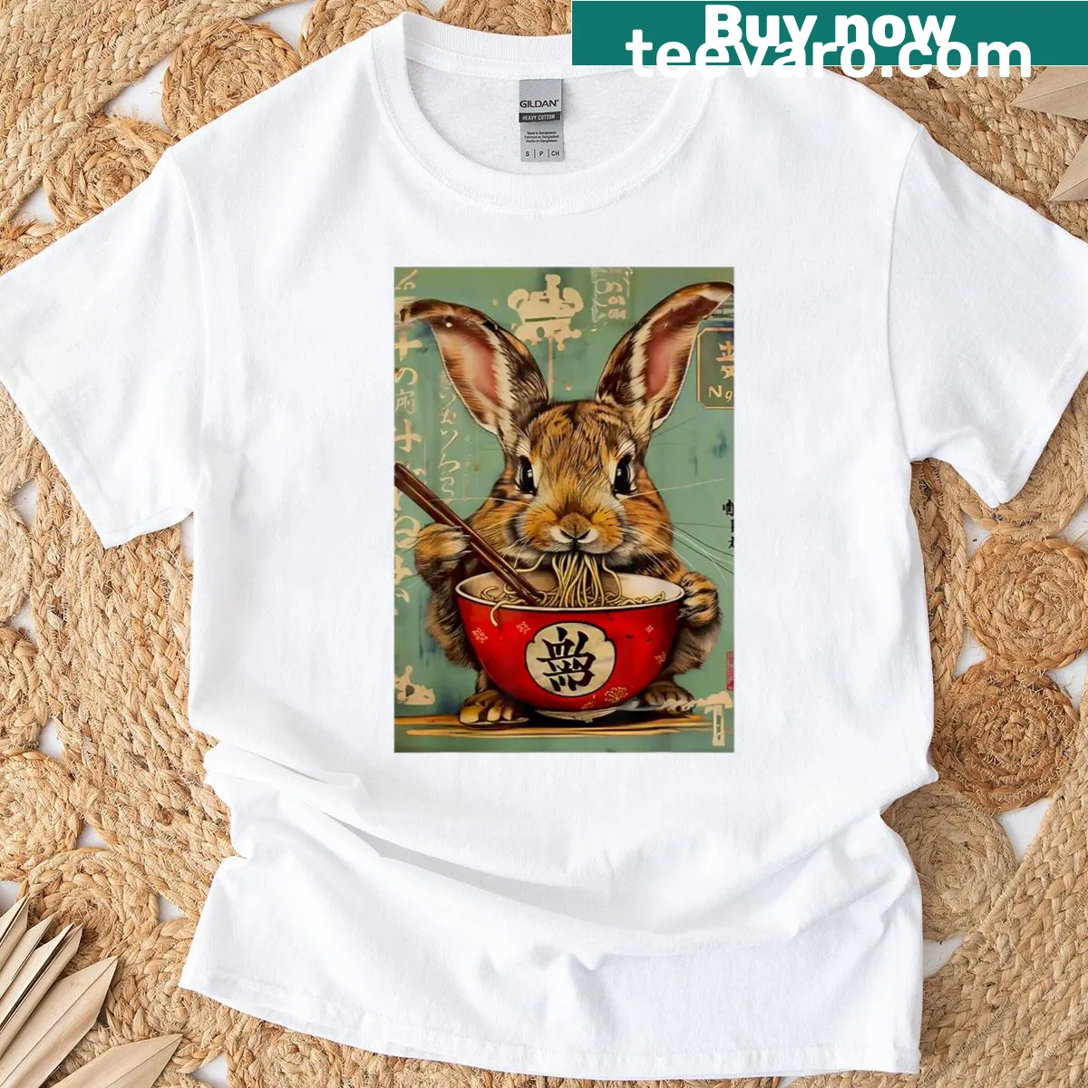 Anime-style Easter Bunny t-shirt with ramen theme — on a men's t-shirt