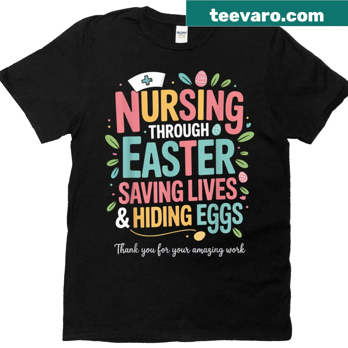 Easter Bunny Nurse t-shirt with playful graphics combining nursing and Easter themes — on a men's t-shirt