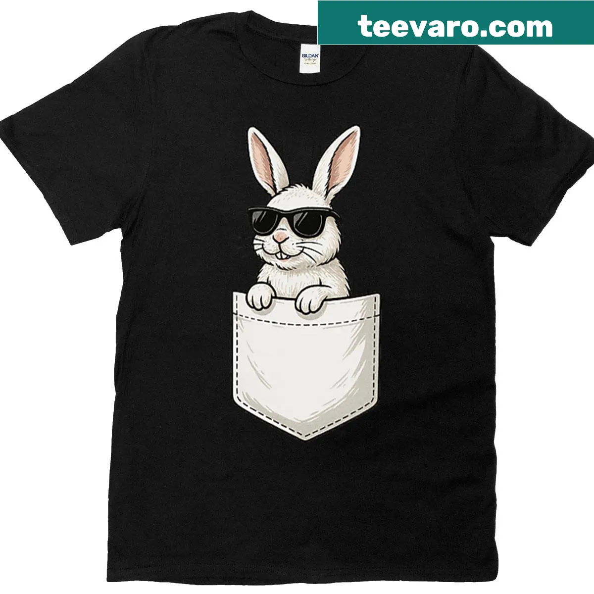Cute Easter Bunny graphic wearing sunglasses in a pocket. — on a men's t-shirt