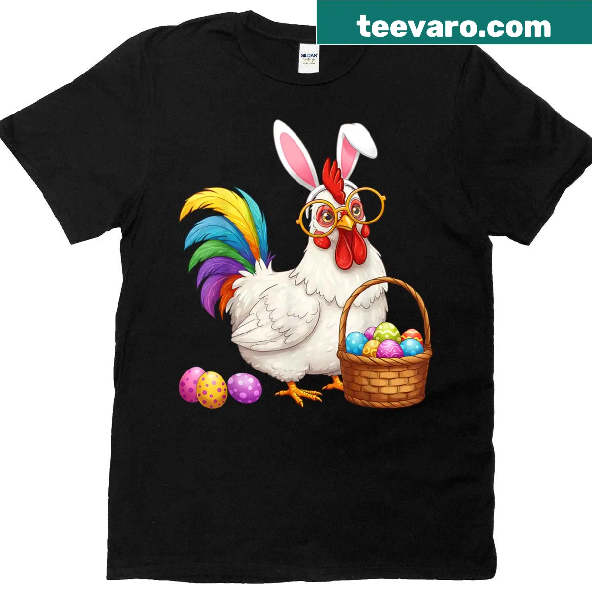 Funny Easter chicken with bunny ears and eggs graphic on a T-shirt — on a men's t-shirt