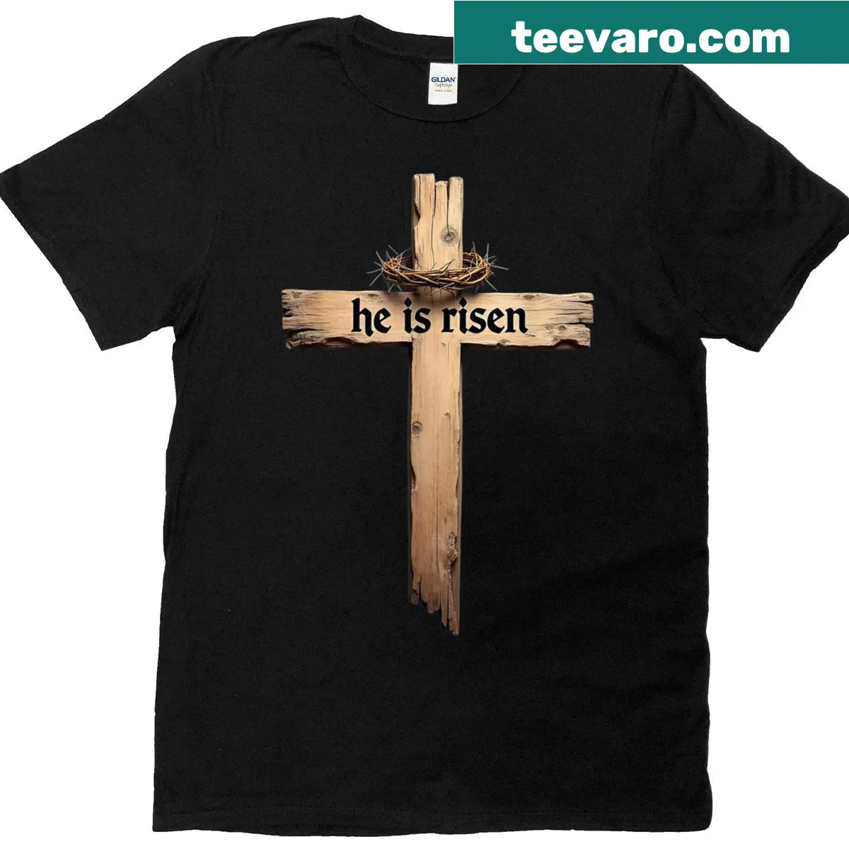 Easter Cross with 'He Is Risen' text. — on a men's t-shirt