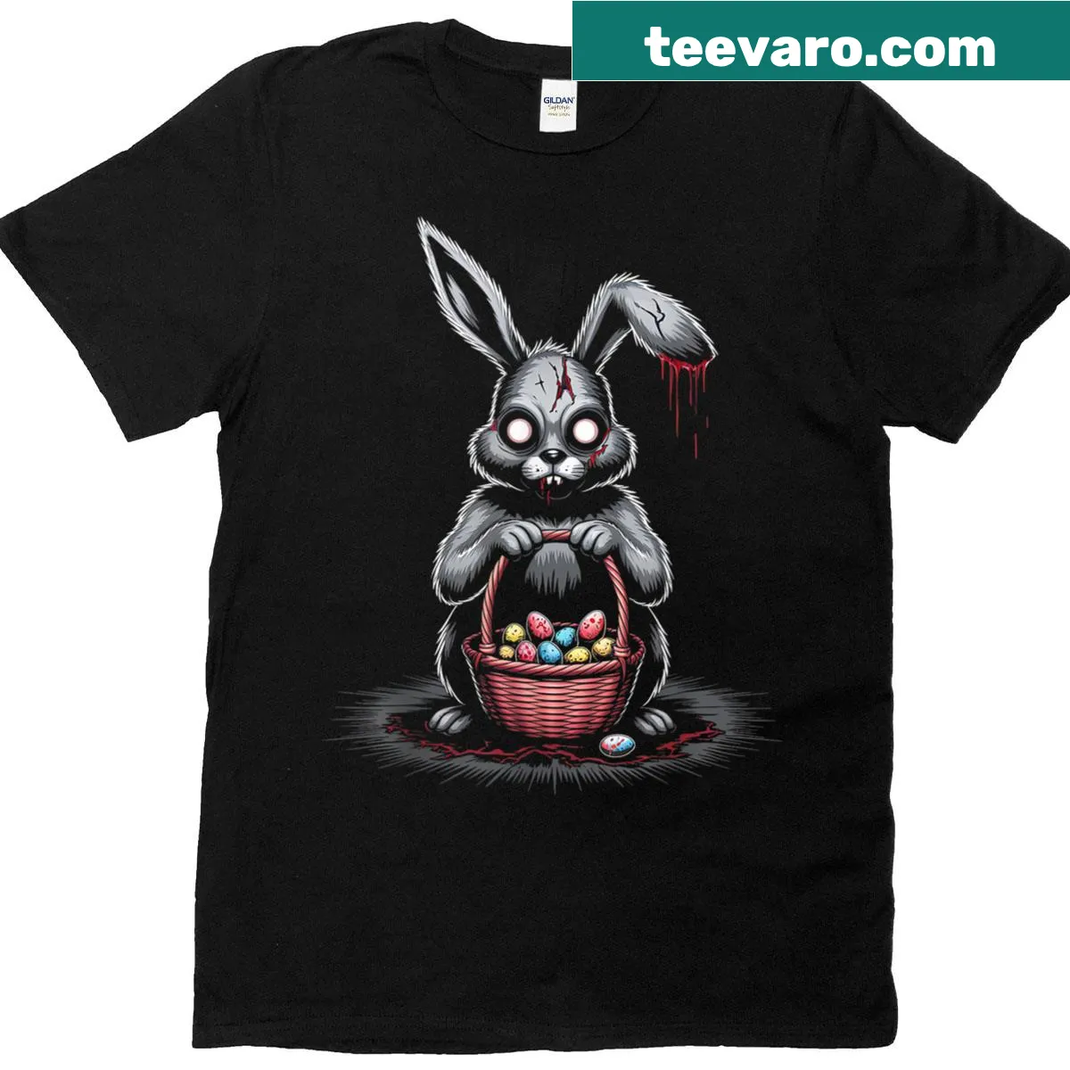 Zombie bunny with ears and eggs graphic on a T-shirt — on a men's t-shirt