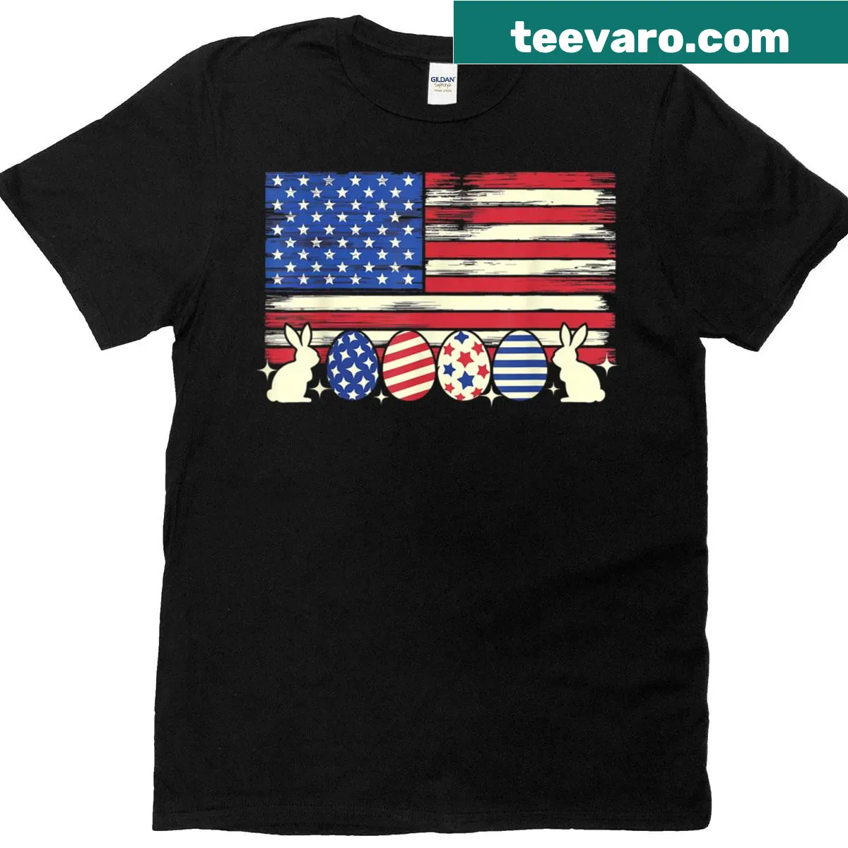 Easter bunny with American flag egg graphic on a T-shirt — on a men's t-shirt