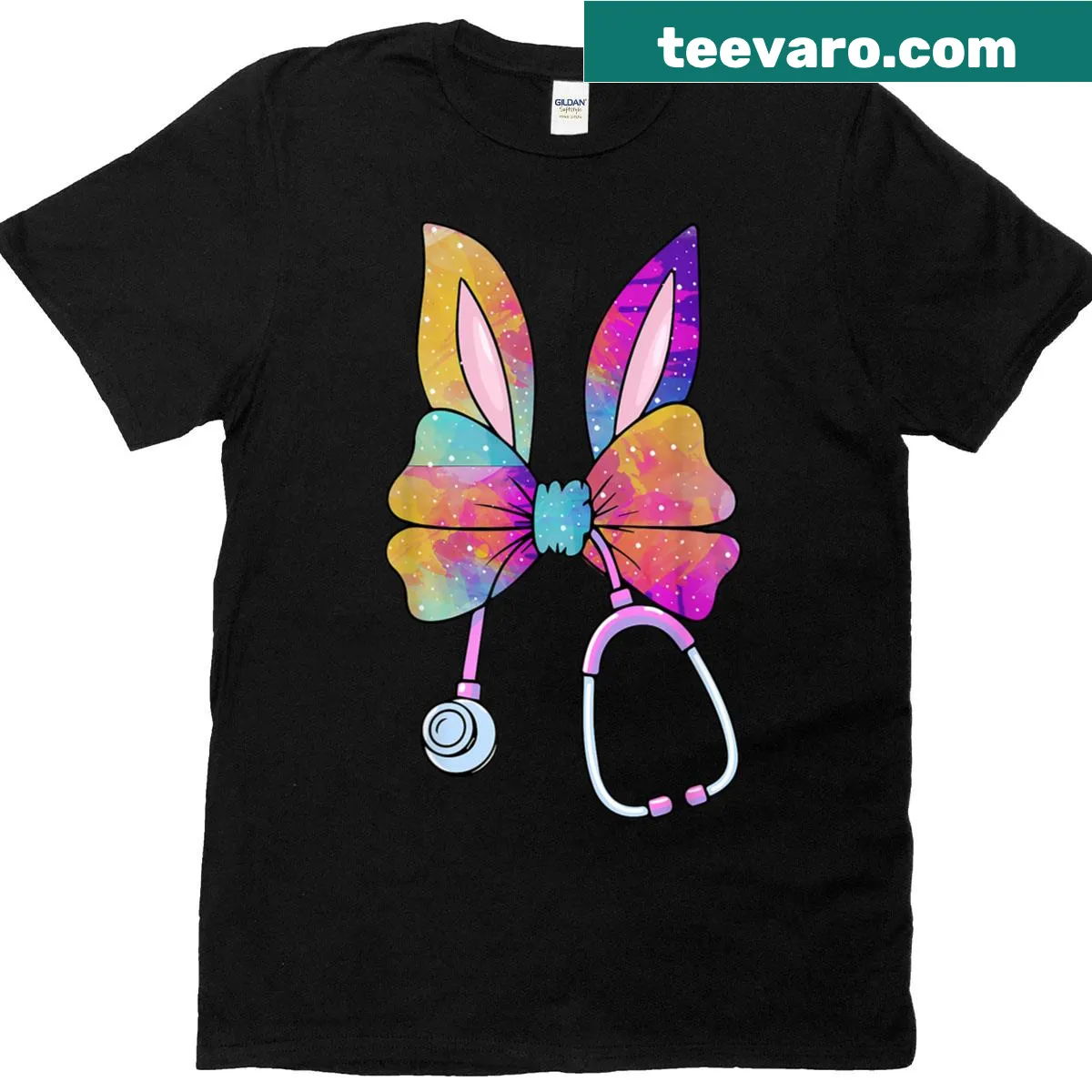Cute Bunny Nurse with stethoscope and bow graphic. — on a men's t-shirt