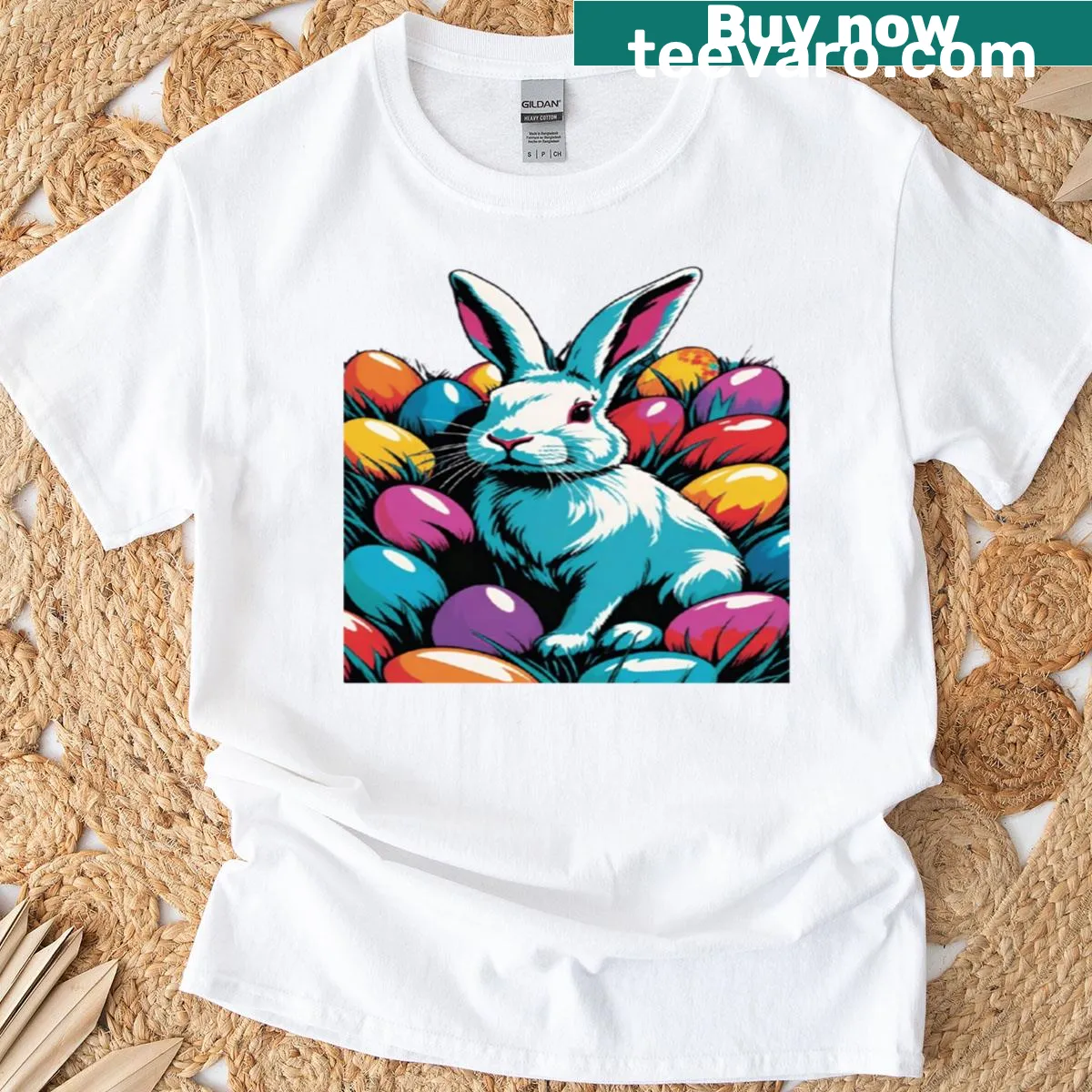 Easter t-shirt with rabbit and colorful eggs design — on a men's t-shirt