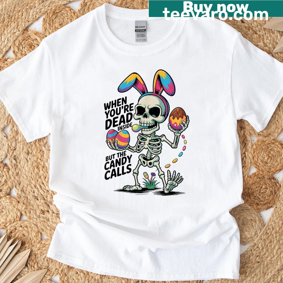Skeleton-themed Easter T-shirt with humorous text and graphic design. — on a men's t-shirt