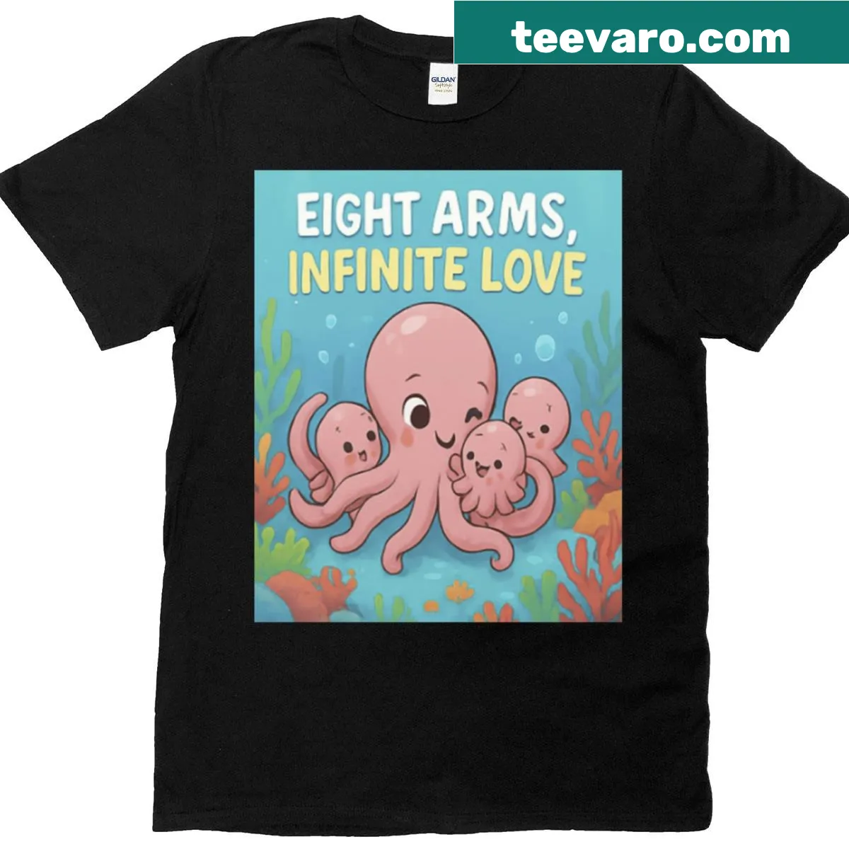 T-shirt featuring the phrase 'Eight Arms Infinite Love' with ocean theme — on a men's t-shirt
