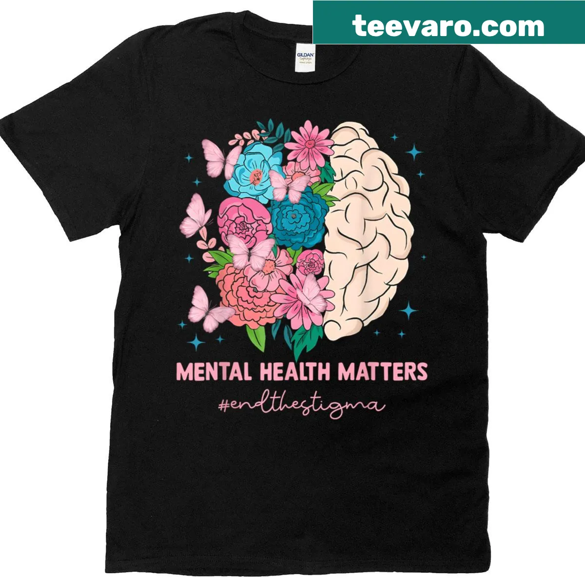 Floral brain graphic t-shirt promoting mental health awareness — on a men's t-shirt