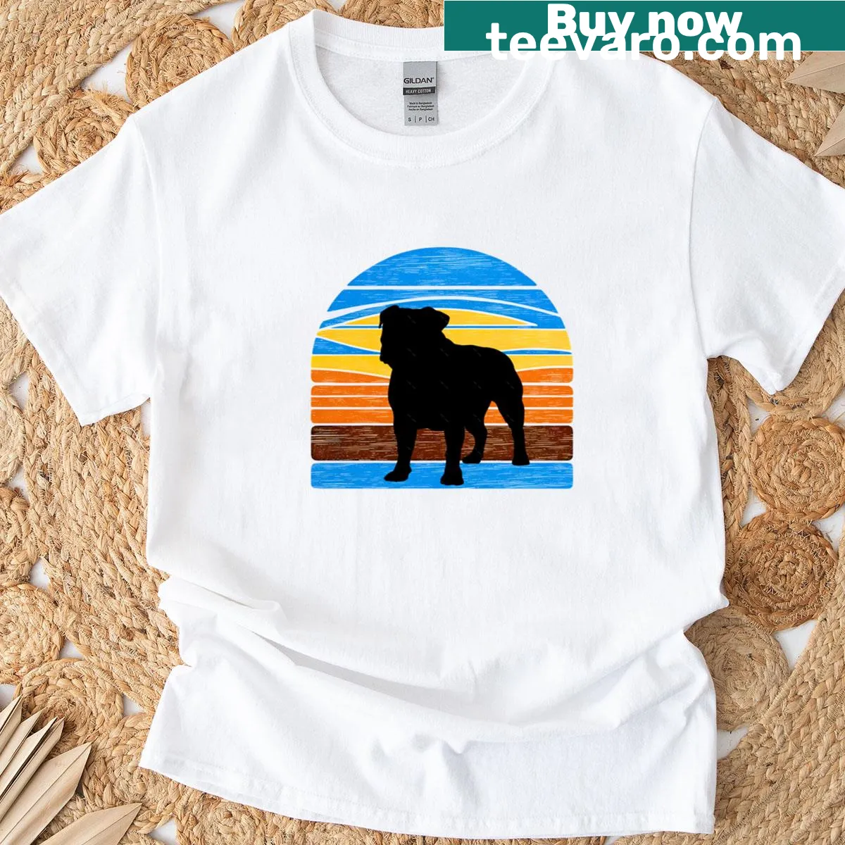 Silhouette of an English Bulldog against a vintage sunset design — on a men's t-shirt