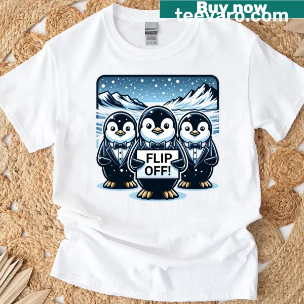Cartoon penguin graphic t-shirt with humorous message