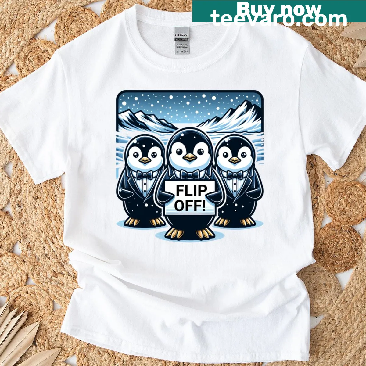 Cartoon penguin graphic t-shirt with humorous message — on a men's t-shirt
