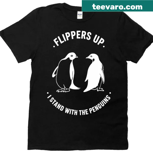 Playful penguin design with the phrase 'Flippers Up'