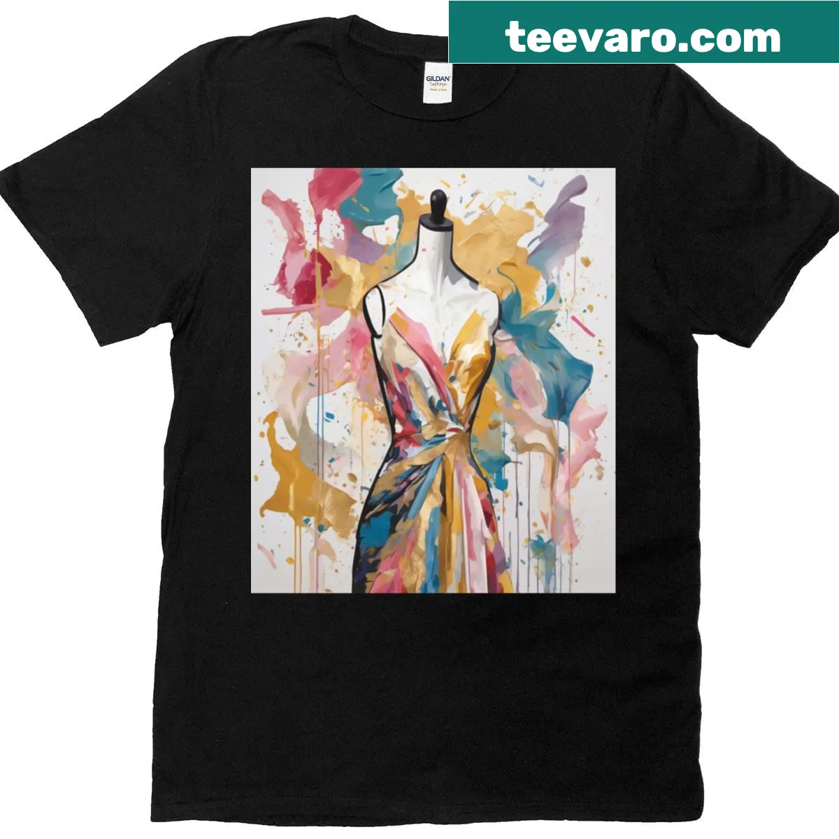 Stylized mannequin graphic with abstract fabric design — on a men's t-shirt