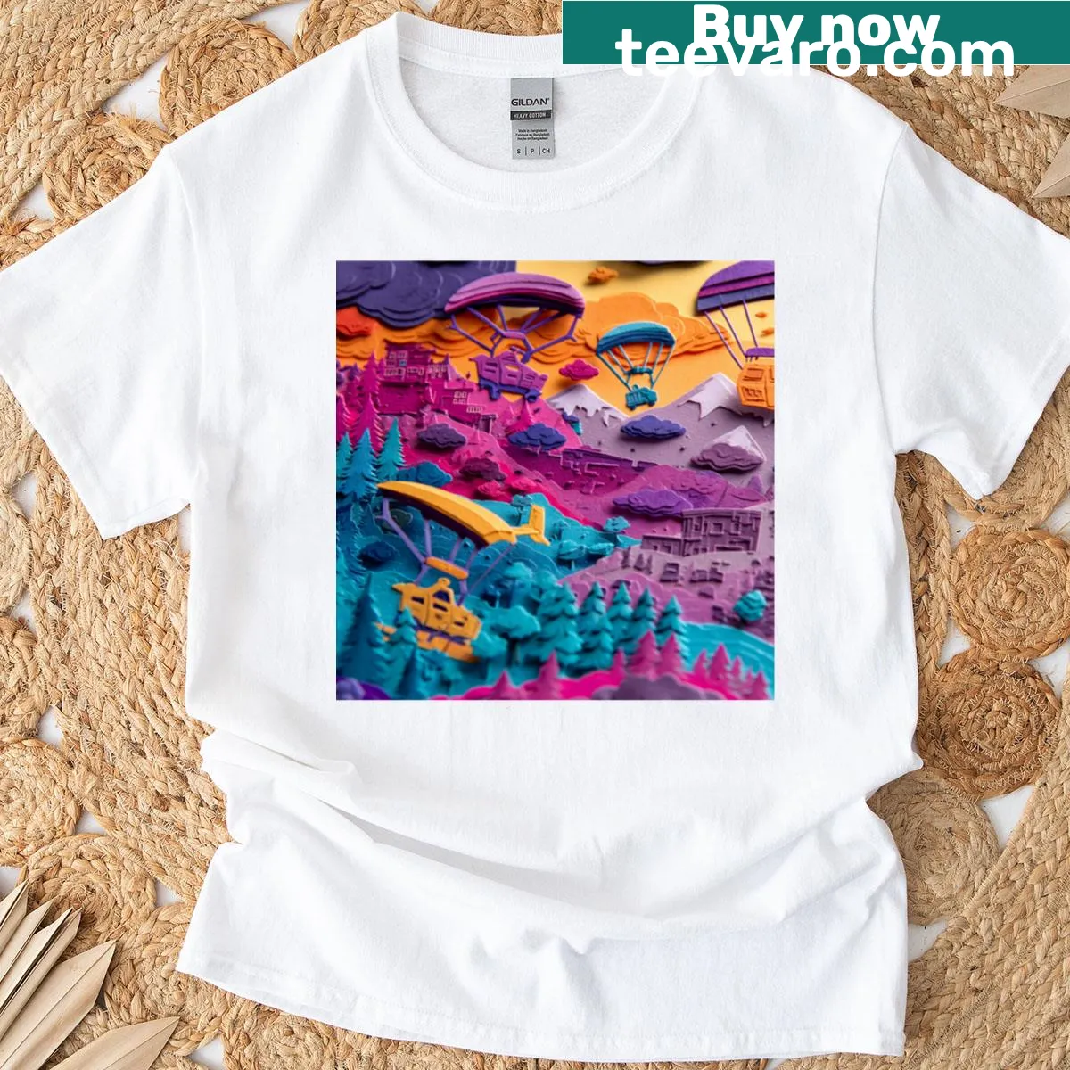 Graphic T-shirt inspired by Fortnite realms with layered design. — on a men's t-shirt