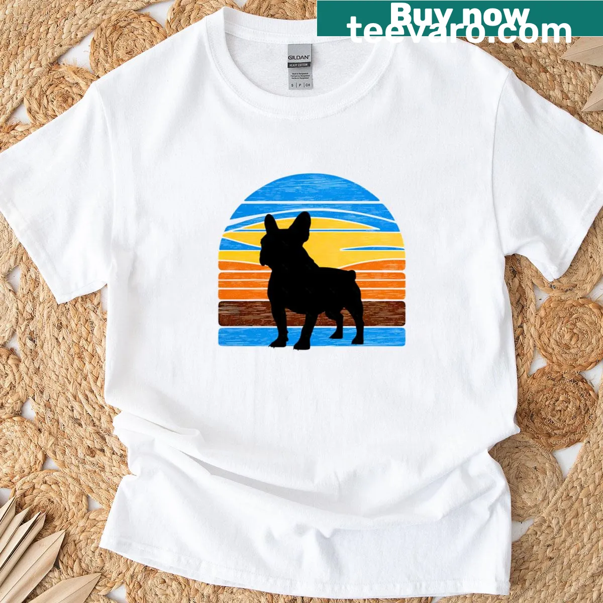 Vintage French Bulldog silhouette against a sunset design — on a men's t-shirt