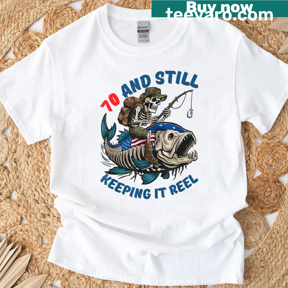 Funny 70th birthday fishing t-shirt with humorous saying — on a men's t-shirt