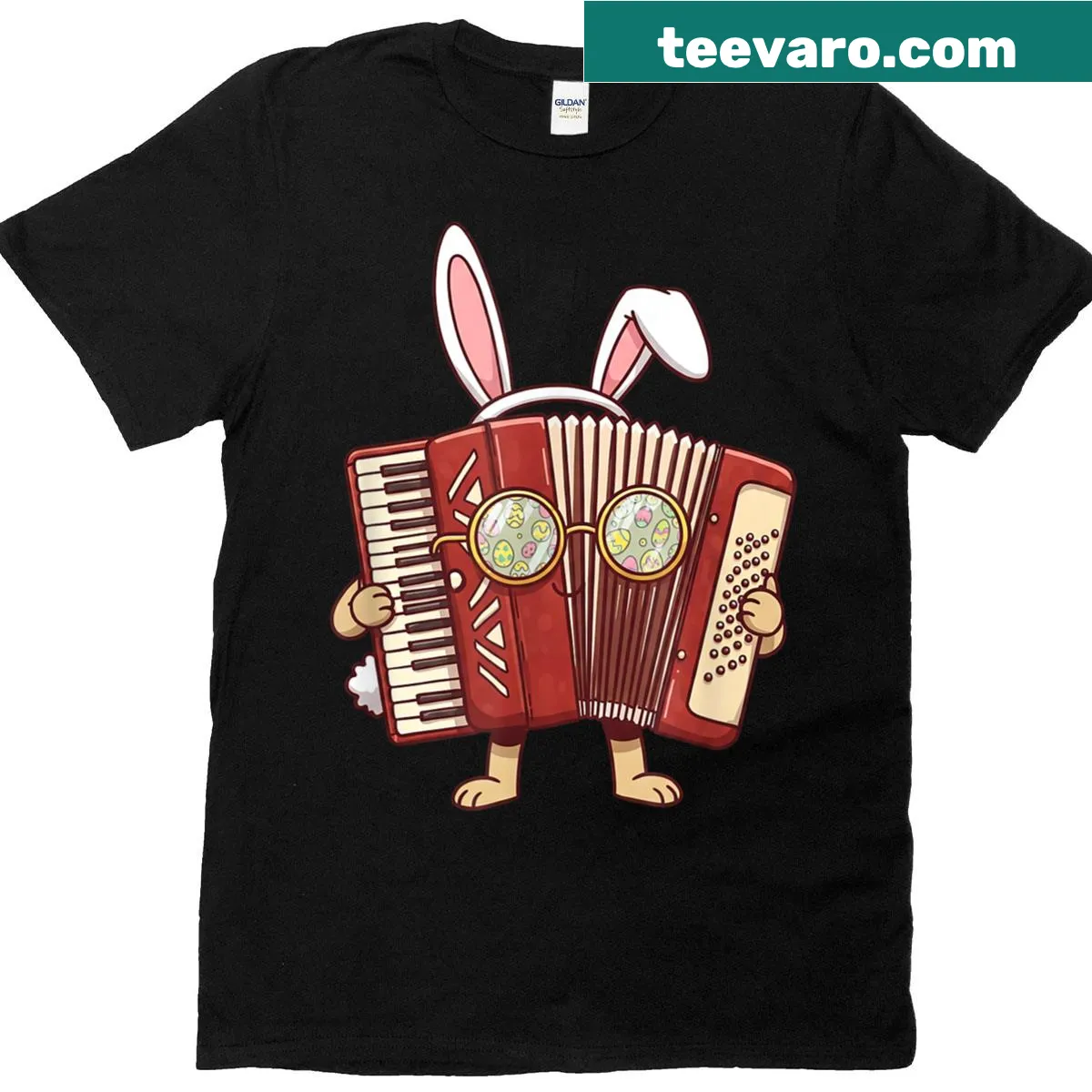 Cartoon bunny with accordion and Easter eggs graphic on T-shirt — on a men's t-shirt