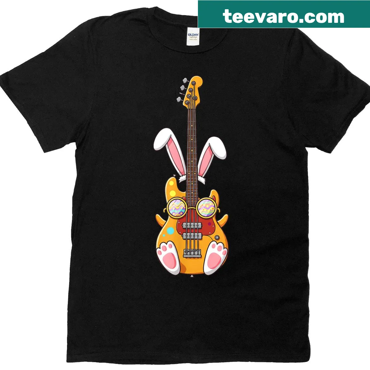 Cartoon bunny with bass guitar and Easter eggs graphic on T-shirt — on a men's t-shirt