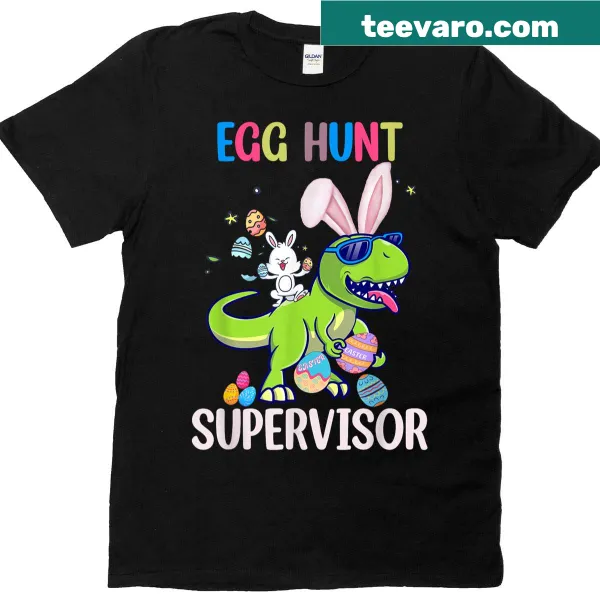 Whimsical dinosaur-themed Easter egg hunt supervisor graphic T-shirt