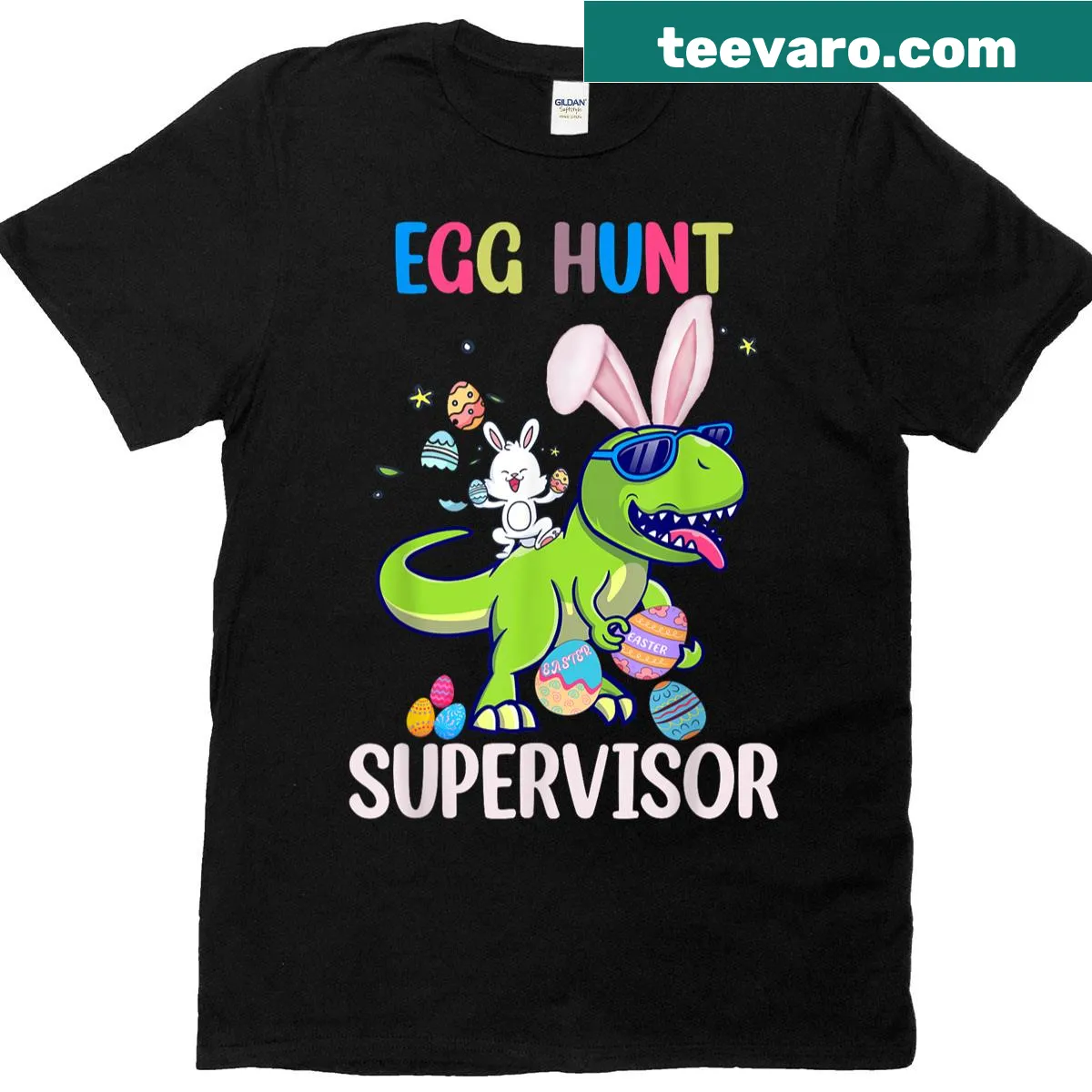 Whimsical dinosaur-themed Easter egg hunt supervisor graphic T-shirt — on a men's t-shirt