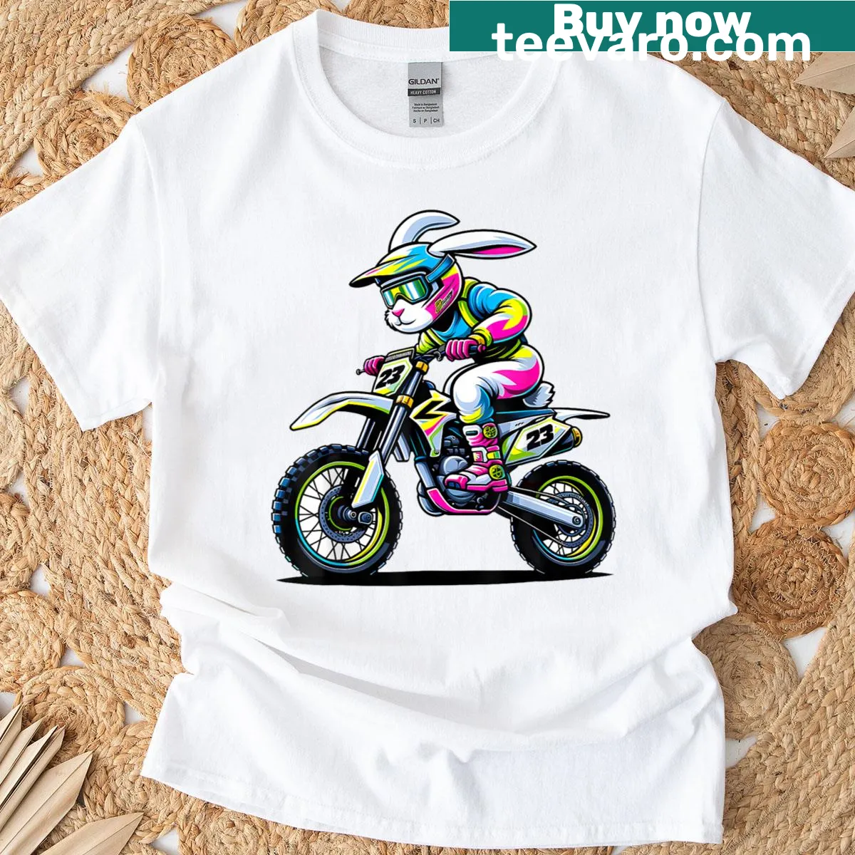 Cartoon bunny riding a dirt bike for Easter graphic T-shirt — on a men's t-shirt