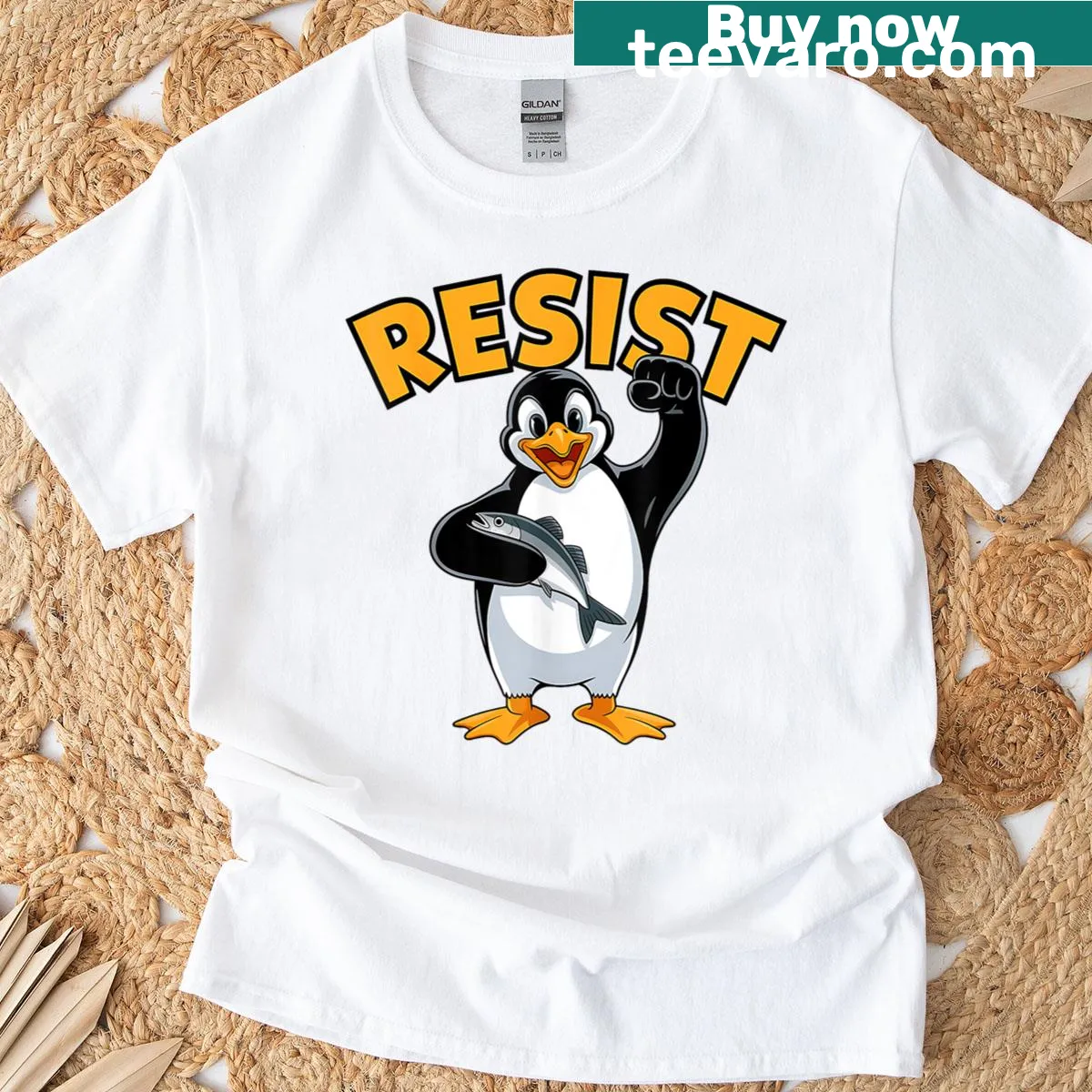 Cartoon penguin holding a fish with protest text on tee — on a men's t-shirt