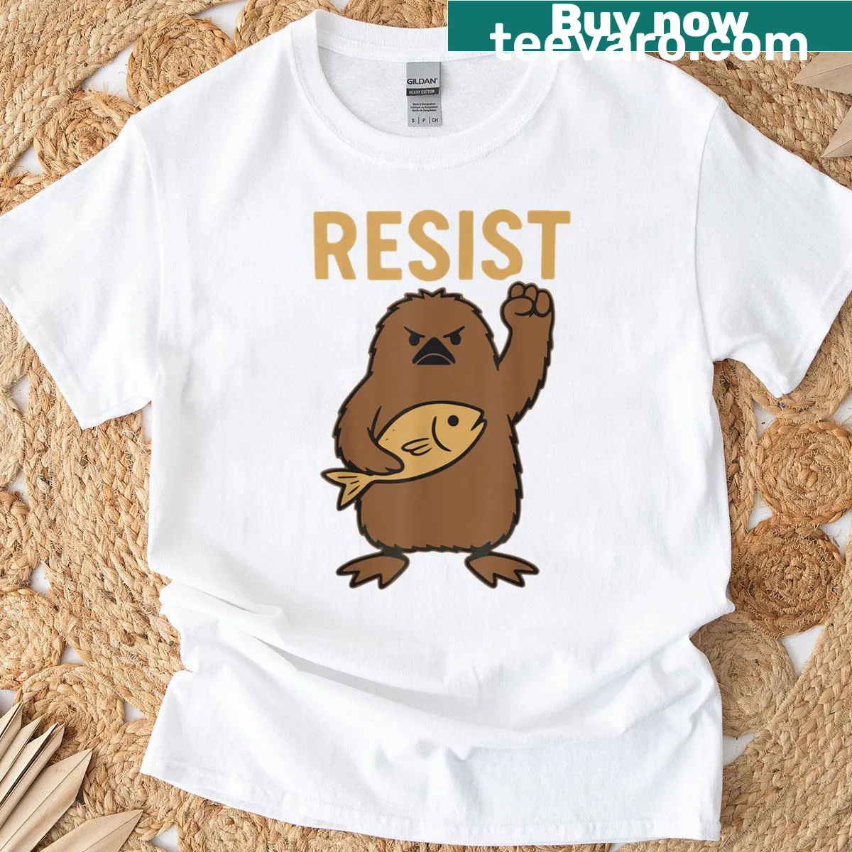 Humorous penguin graphic protesting tariffs on a fun t-shirt — on a men's t-shirt