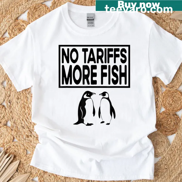 Cartoon penguins advocating against tariffs on a t-shirt