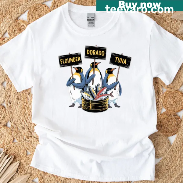 Cartoon penguins selling fish with anti-Trump message