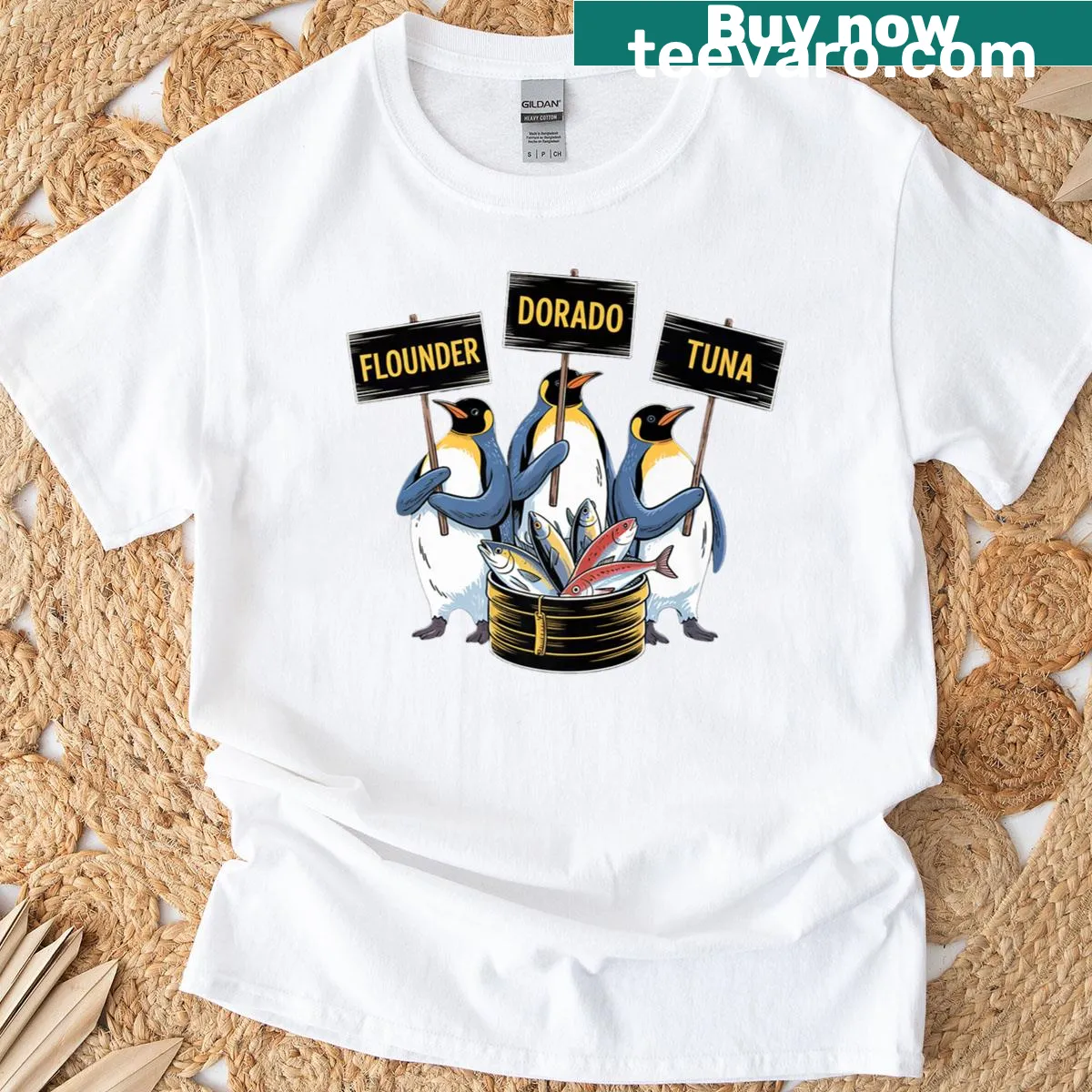 Cartoon penguins selling fish with anti-Trump message — on a men's t-shirt