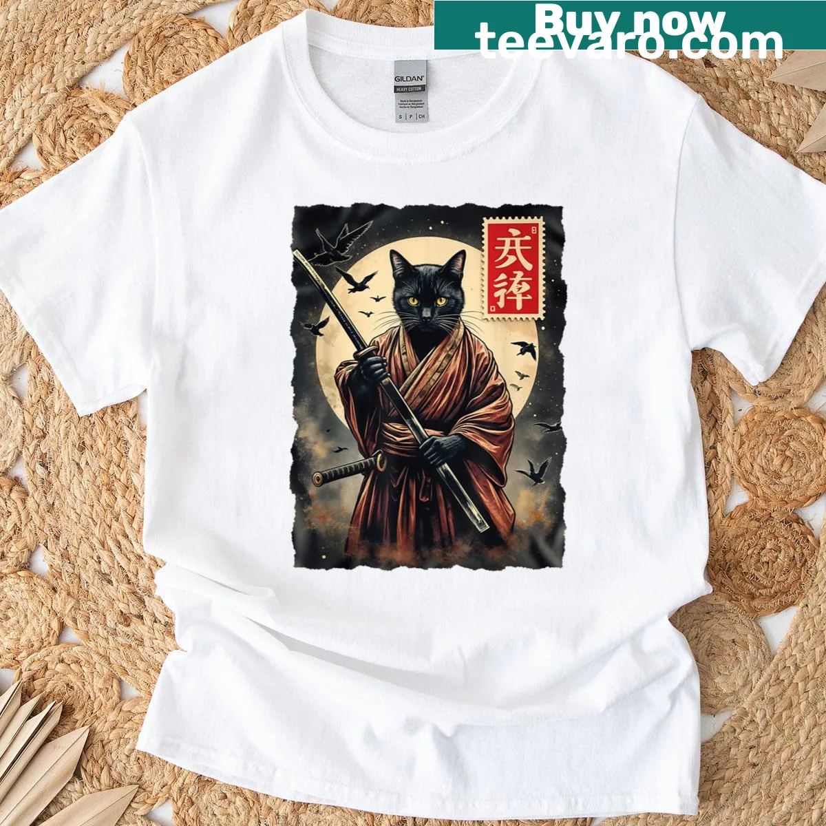 Vintage samurai cat graphic on a playful t-shirt — on a men's t-shirt