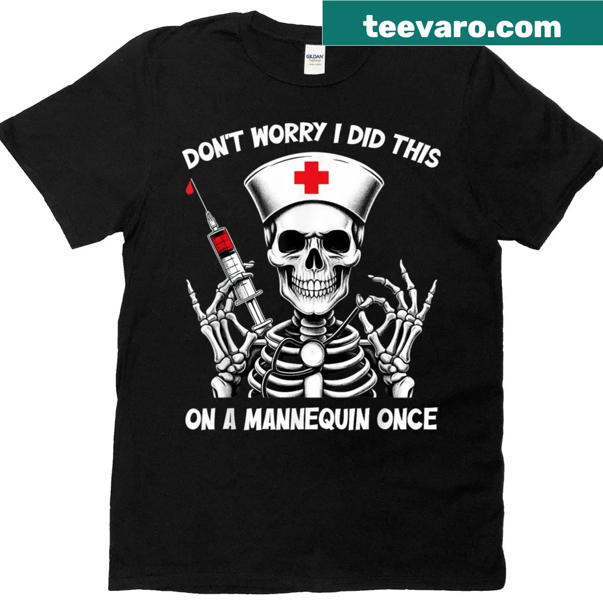 Skeleton mannequin nurse design on a humorous medical T-shirt — on a men's t-shirt