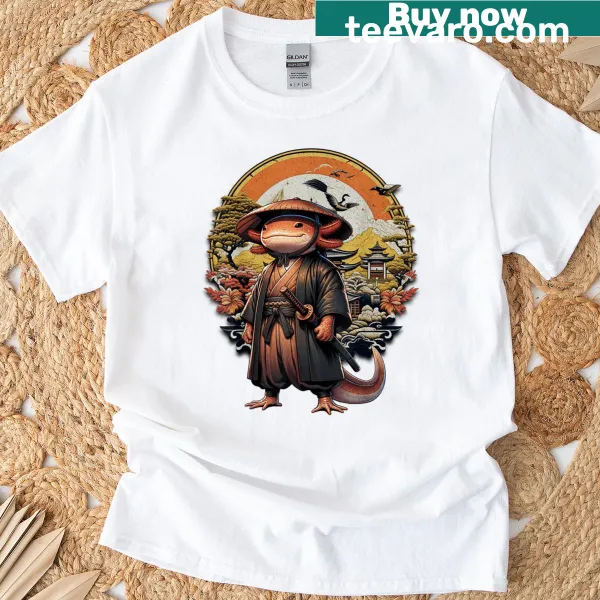 Vintage-style t-shirt featuring an axolotl in samurai armor design