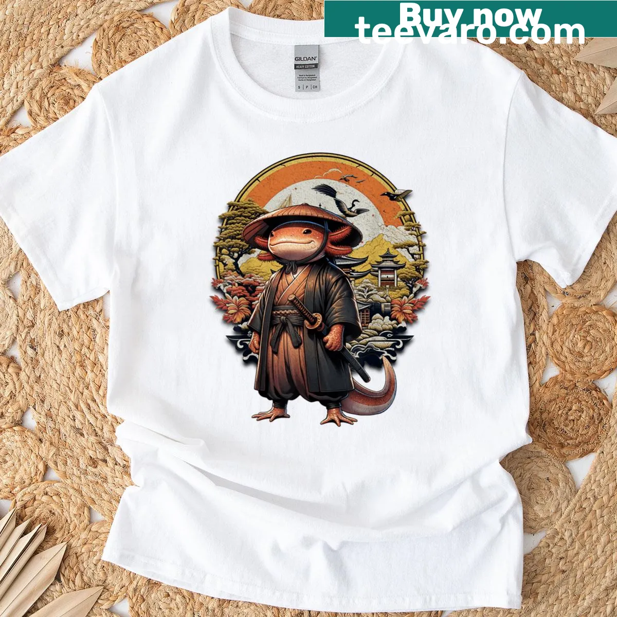 Vintage-style t-shirt featuring an axolotl in samurai armor design — on a men's t-shirt