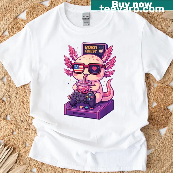 Cute axolotl gamer T-shirt featuring boba tea and anime style