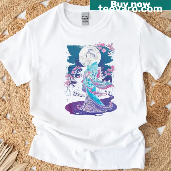 Artistic t-shirt featuring a geisha in kimono and samurai.