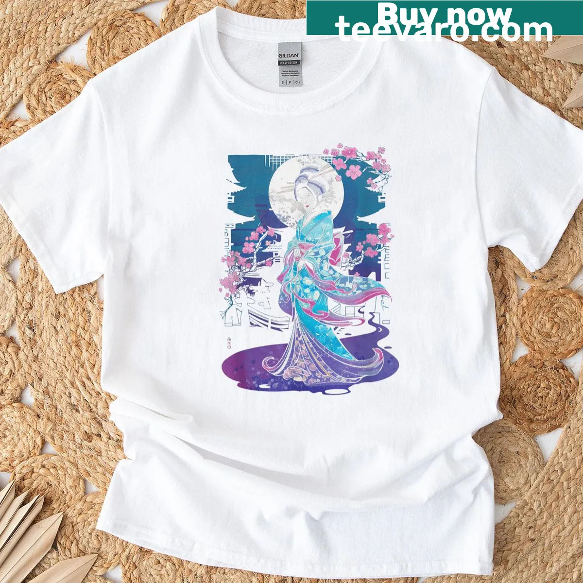 Artistic t-shirt featuring a geisha in kimono and samurai. — on a men's t-shirt