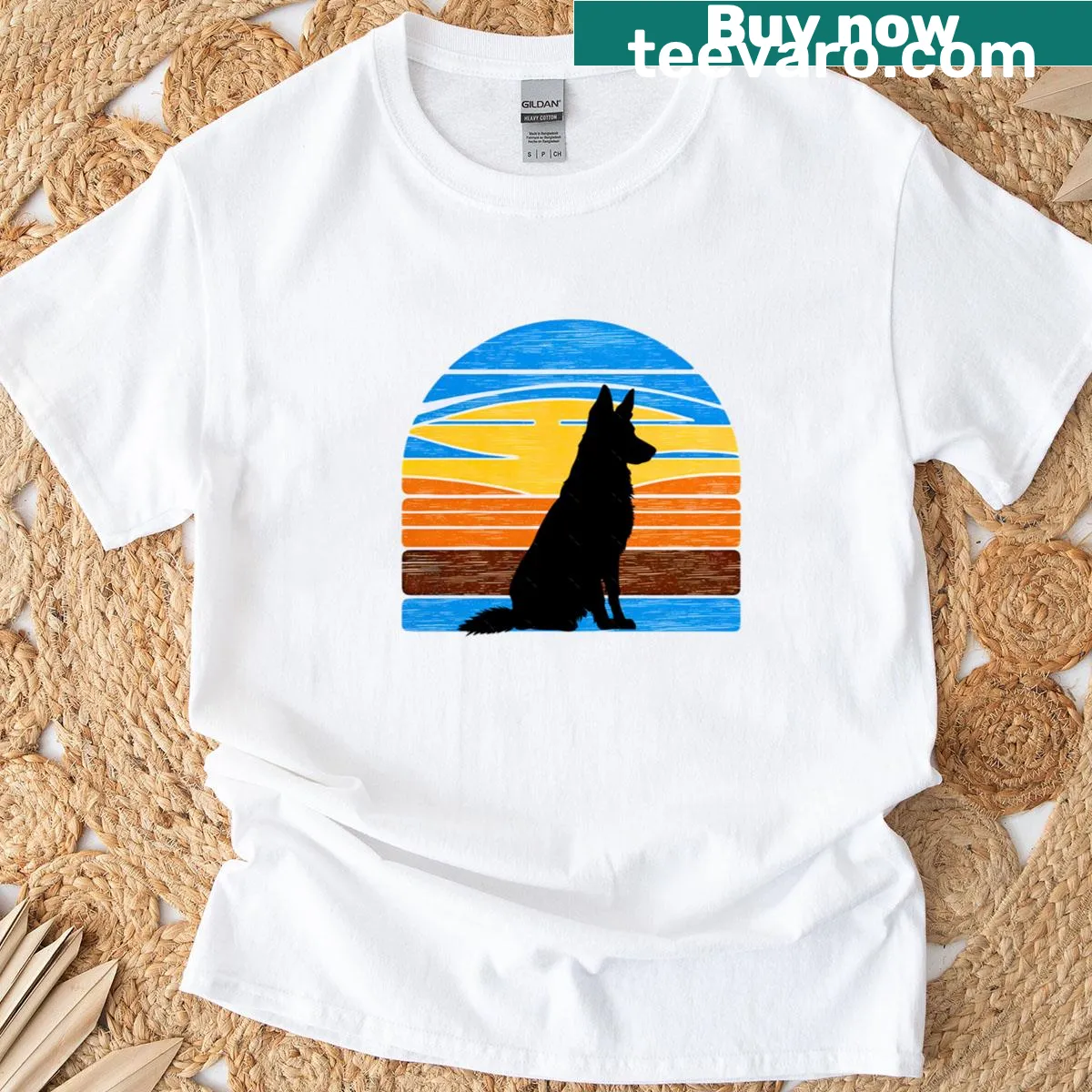 Silhouette of a German Shepherd against a vintage sunset — on a men's t-shirt