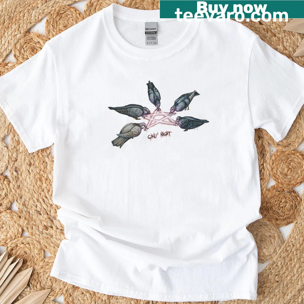 T-shirt with quirky pentagram and pigeon sticker design — on a men's t-shirt