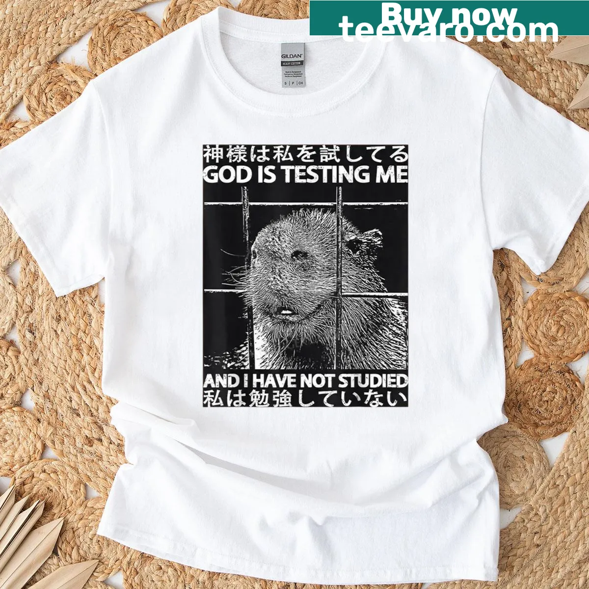 Humorous t-shirt featuring a capybara and a testing phrase. — on a men's t-shirt