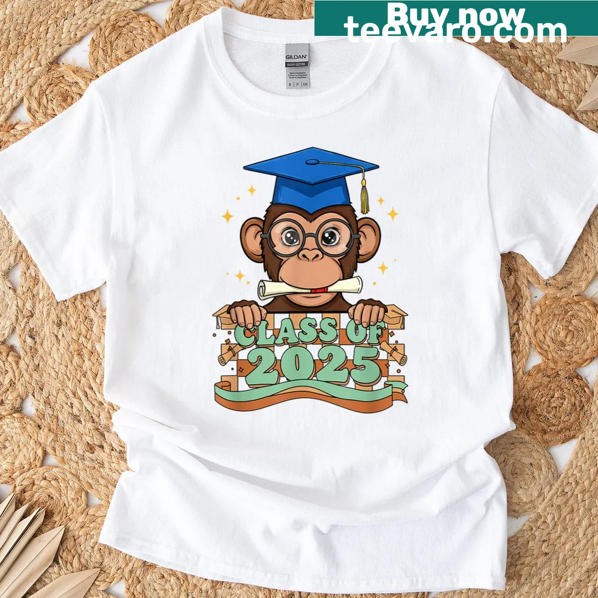 Illustration of a monkey in a graduation cap and diploma — on a men's t-shirt